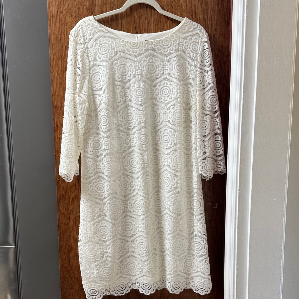 Ronni Nicole Elegant White Lace 3/4 Length Sleeve Dress